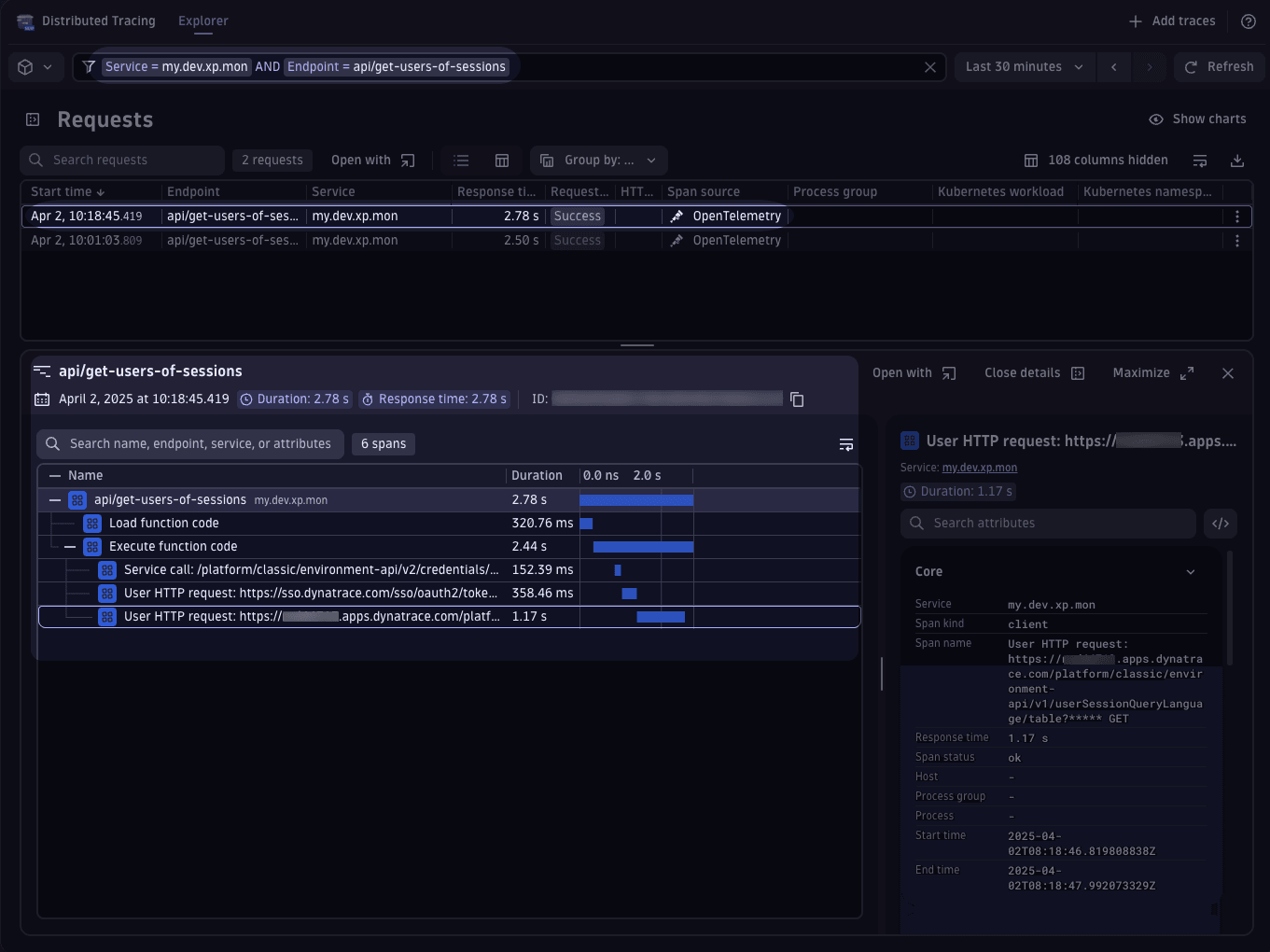 Investigating App function traces in Distributed Tracing App