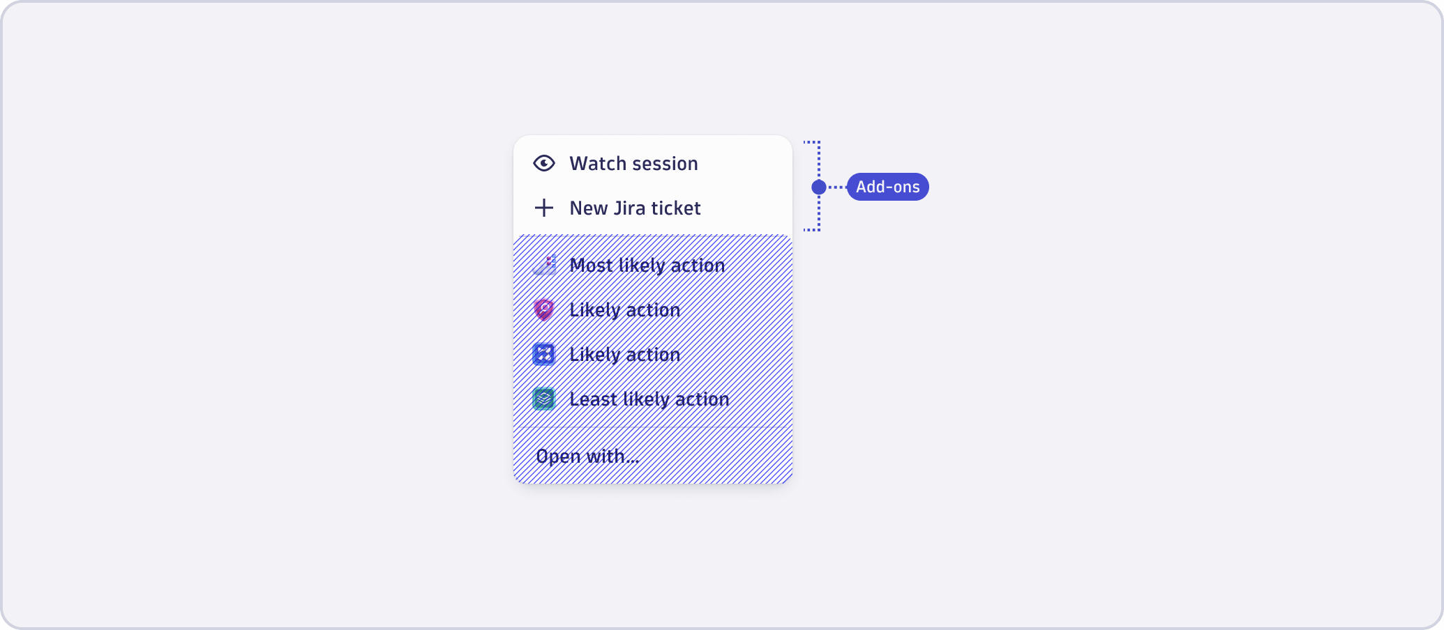 Add-on intents (Watch session, New Jira ticket) appearing before explicit intents in the IntentButton menu, with "Open with..." as the last item.