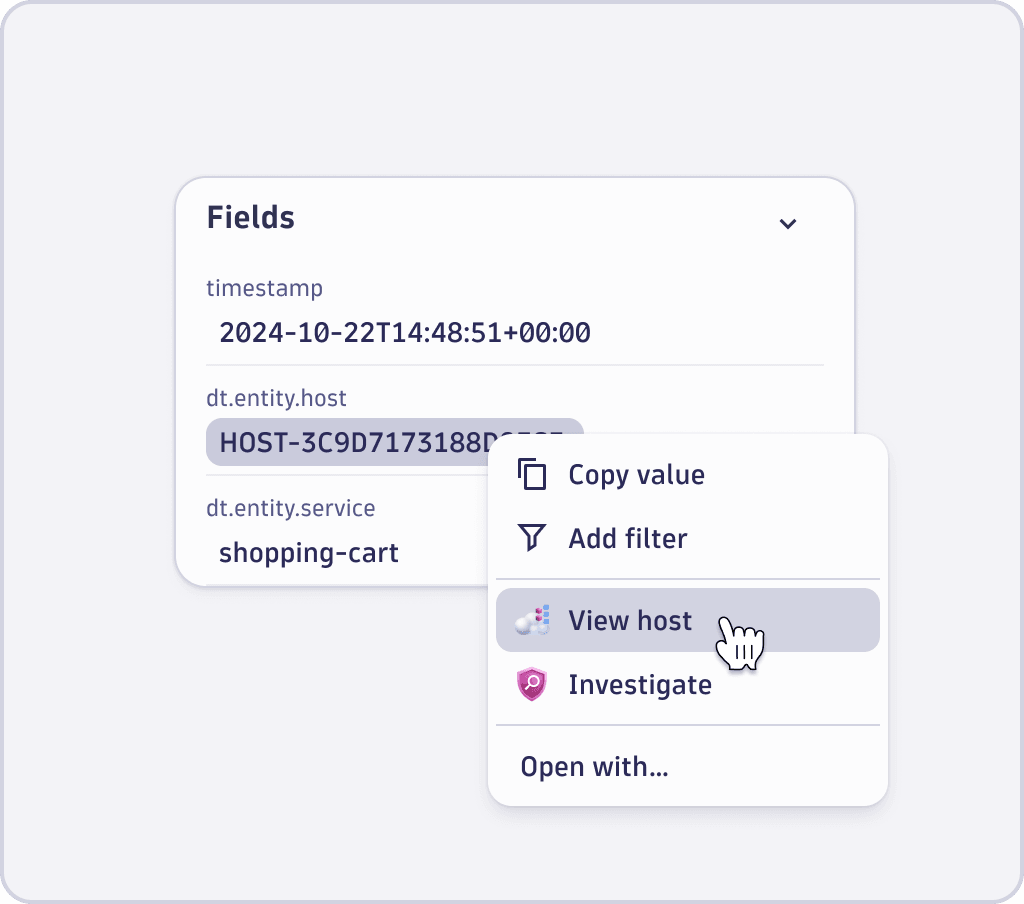 An IntentButton menu opened on a host entity, with the explicit intent "View host" (Hosts app icon highlighted) as the primary action, "Investigate" as a secondary action, and "Open with..." as the fallback entry at the bottom