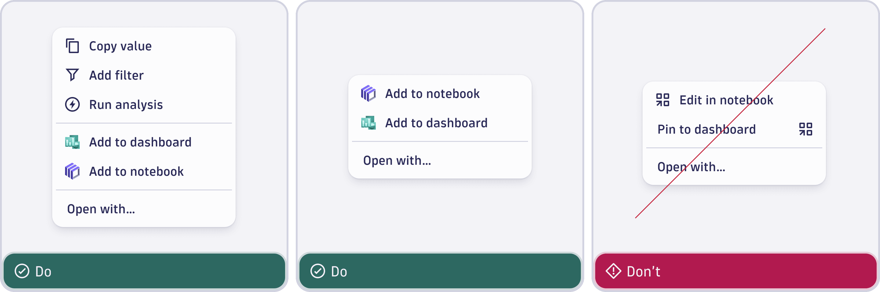 Three examples of menu placement. Left (Do): full menu with actions, add-on intents, and "Open with..." at the bottom. Center (Do): simpler menu with add-on intents and "Open with..." fallback. Right (Don't): incorrect icon usage and non-standard labels like "Edit in notebook" or "Pin to dashboard".